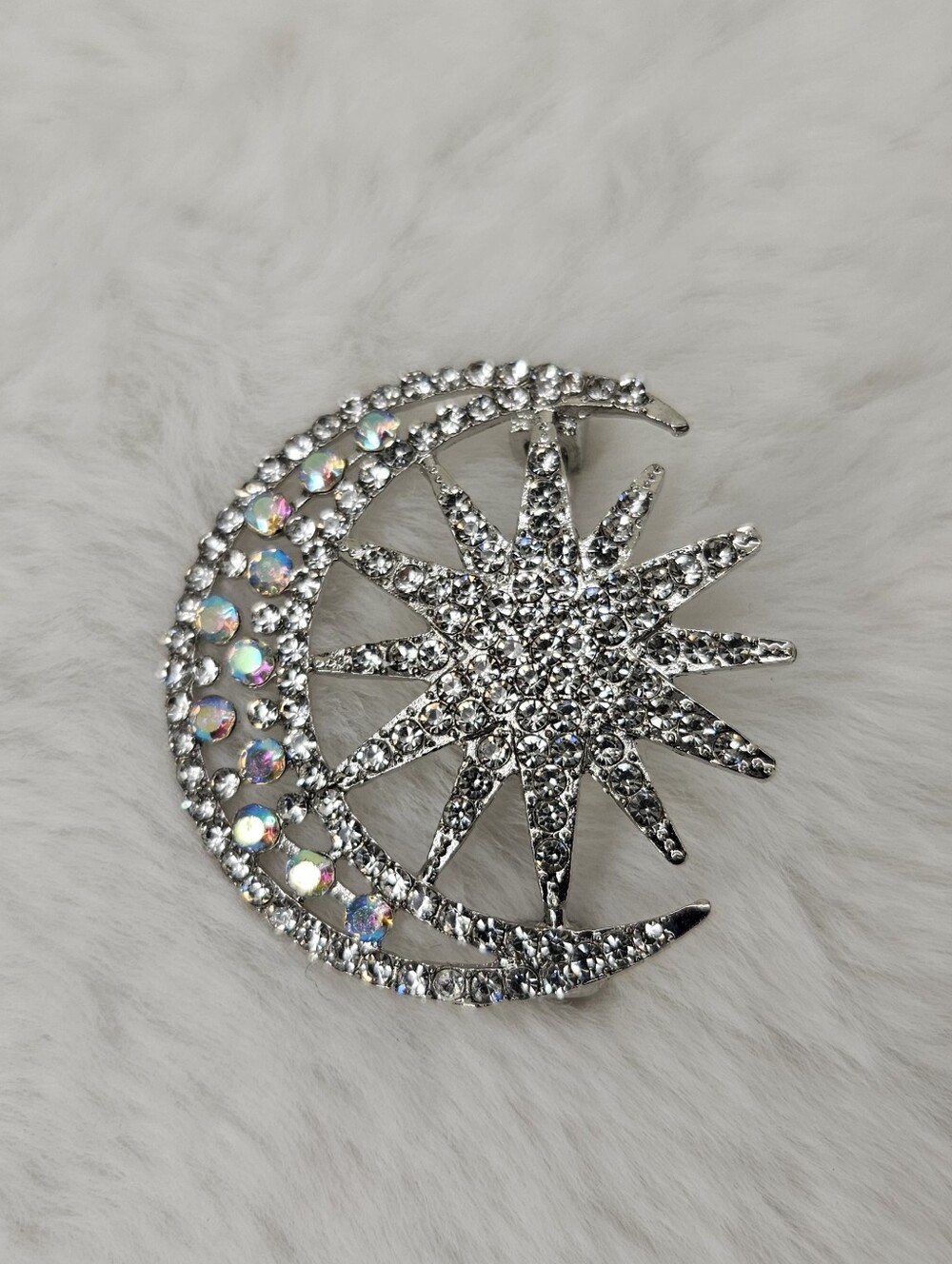 Silver Star & Moon Crystal Brooch Pin